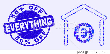 Blue Scratched 50 Percents Off Everything Seal and Euro Bank Mosaic 89706756