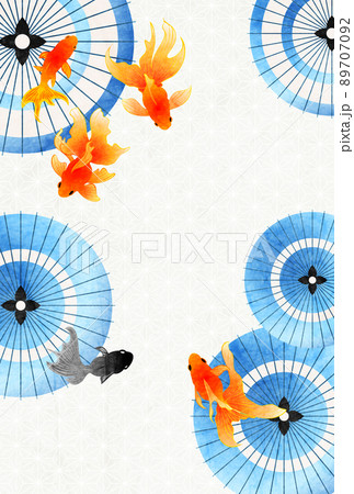 金魚と和傘と麻の葉模様の暑中見舞いはがき 89707092