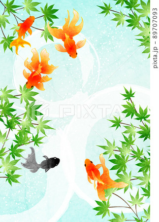 金魚と青もみじと背景青の暑中見舞いはがき 金魚と青もみじと背景青の暑中見舞いはがき 89707093