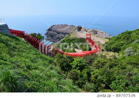 真っ青な日本海に向かって連なる赤い鳥居の道 真っ青な日本海に向かって連なる赤い鳥居の道 89707536