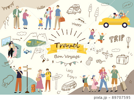 旅行をする人達と可愛らしい手描きイラストセット 旅行をする人達と可愛らしい手描きイラストセット 89707595