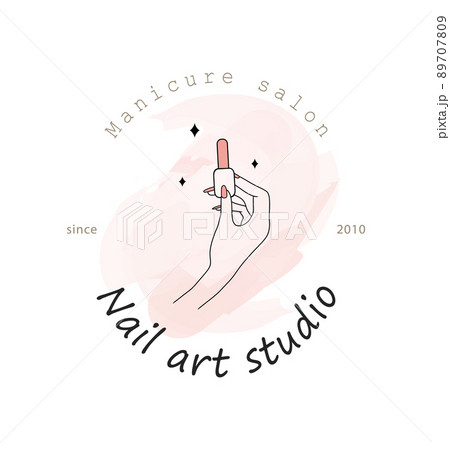 Manicure logo template for nail art studio. Modern design for beauty and spa center. Linear illustration isolated on pink watercolor background 89707809