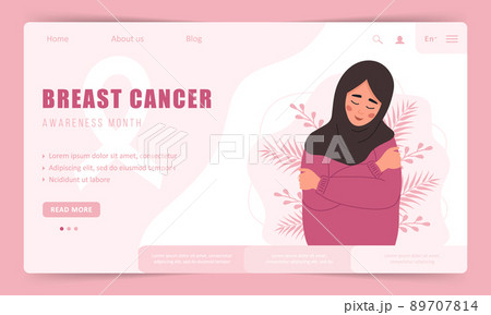 Breast cancer awareness month. Landing page template. Happy arab woman in hilab hugging herself. Annual international health campaign. Vector illustration in flat cartoon style Breast cancer awareness month. Landing page template. Happy arab woman in hilab hugging herself. Annual international health campaign. Vector illustration in flat cartoon style 89707814
