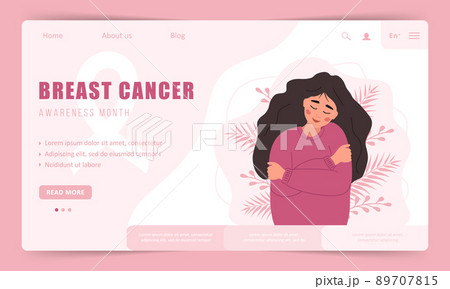 Breast cancer awareness month. Landing page template. Happy woman hugging herself. Annual international health campaign. Vector illustration in flat cartoon style Breast cancer awareness month. Landing page template. Happy woman hugging herself. Annual international health campaign. Vector illustration in flat cartoon style 89707815