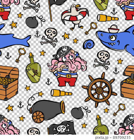PIRATE AND SHARK Corsair With Octopus Head Marine Theme Sea Animals Cartoon Hand Drawn Seamless Pattern Vector Illustration On White With Travel Attributes 89709235