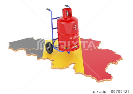 Belgian map with propane gas cylinder on hand truck. Gas Delivery Service in Belgium, concept. 3D rendering 89709422