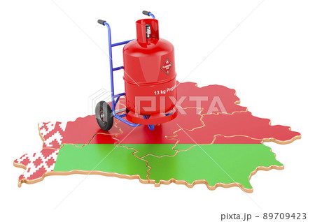 Belarusian map with propane gas cylinder on hand truck. Gas Delivery Service in Belarus, concept. 3D rendering 89709423