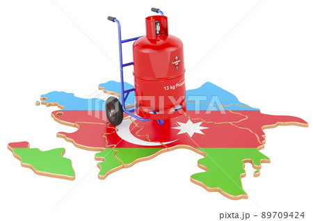 Azerbaijani map with propane gas cylinder on hand truck. Gas Delivery Service in Azerbaijan, concept. 3D rendering 89709424