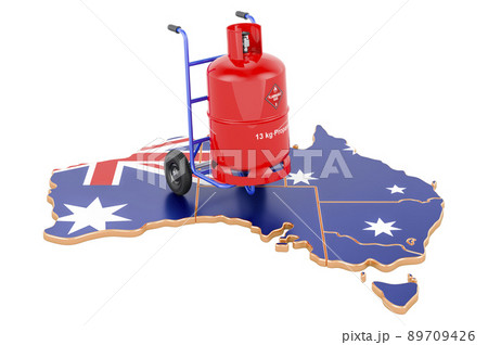 Australian map with propane gas cylinder on hand truck. Gas Delivery Service in Australia, concept. 3D rendering 89709426