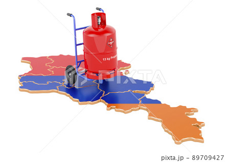 Armenian map with propane gas cylinder on hand truck. Gas Delivery Service in Armenia, concept. 3D rendering 89709427