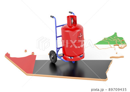 The United Arab Emirates map with propane gas cylinder on hand truck. Gas Delivery Service in the UAE, concept. 3D rendering The United Arab Emirates map with propane gas cylinder on hand truck. Gas Delivery Service in the UAE, concept. 3D rendering 89709435