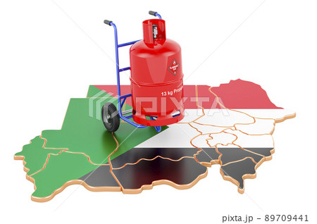 Sudanese map with propane gas cylinder on hand truck. Gas Delivery Service in Sudan, concept. 3D rendering Sudanese map with propane gas cylinder on hand truck. Gas Delivery Service in Sudan, concept. 3D rendering 89709441