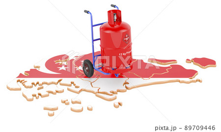 Singaporean map with propane gas cylinder on hand truck. Gas Delivery Service in Singapor, concept. 3D rendering Singaporean map with propane gas cylinder on hand truck. Gas Delivery Service in Singapor, concept. 3D rendering 89709446