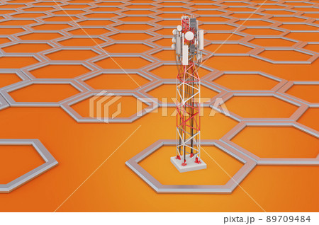 Mobile tower with cellular phone antennas on orange background, 3d rendering 89709484