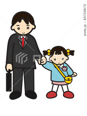 幼稚園児の女の子と手をつなぐお父さんのイラスト素材