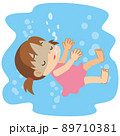 溺れて気を失い水の中に沈んでゆく可愛い女の子のイラスト　クリップアート　白背景　ベクター 89710381