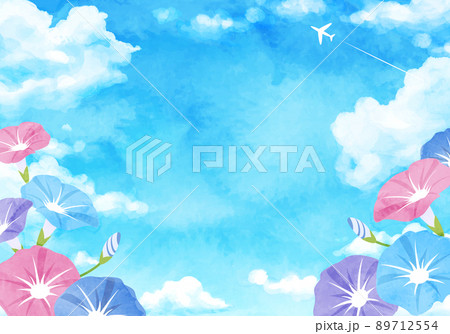 朝顔と入道雲の夏のベクターイラスト水彩背景 89712554