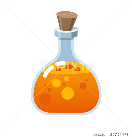 Magic bottle of glass. Alchemy love elixir in glass flask. Cork and orange potion, cartoon vector with hearts. Witchcraft pink potion of witch or poison Magic bottle of glass. Alchemy love elixir in glass flask. Cork and orange potion, cartoon vector with hearts. Witchcraft pink potion of witch or poison 89714473