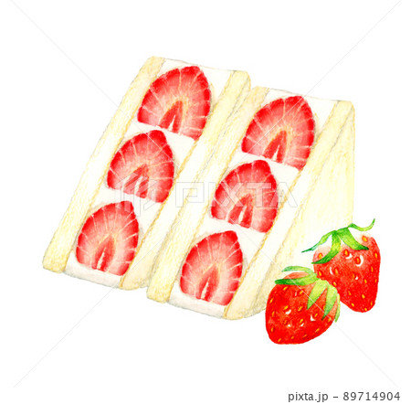いちごのフルーツサンドといちごの果実のセット　スイーツ・カフェメニューの手描き水彩イラスト素材 89714904