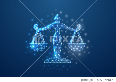 Scales 3d symbol in blue low poly style. Justice, law design concept vector illustration. Balance polygonal wireframe. 89714987