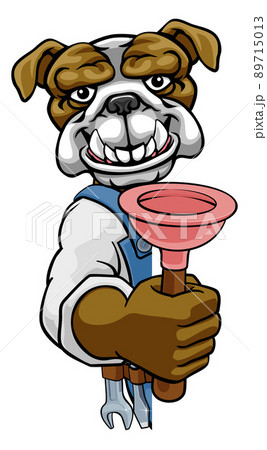 Bulldog Plumber Cartoon Mascot Holding Plunger 89715013