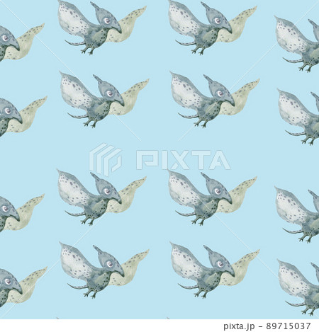 Seamless pattern with cute dinosaur. Parasaurolophus and pterodactyl in kawaii style.  89715037