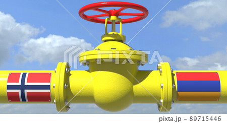 NORWAY ARMENIA oil or gas transportation concept, pipe with valve. 3D rendering 89715446