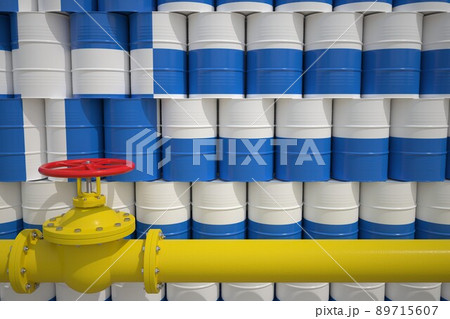 Barrels with flag of Greece and gas transportation pipe. 3d rendering Barrels with flag of Greece and gas transportation pipe. 3d rendering 89715607