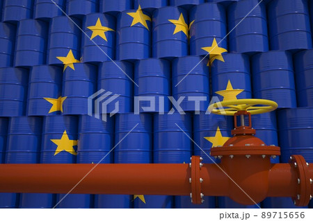 Many barrels with flag of the European Union and oil pipe. 3d rendering 89715656