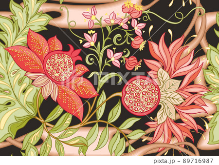 Decorative pomegranate fruits and flowers in art nouveau style, Decorative pomegranate fruits and flowers in art nouveau style, 89716987