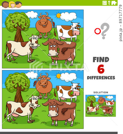 differences game with cartoon cows farm animal characters 89717779