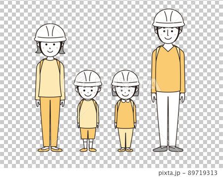 Yellow version of a family of four wearing a helmet for disaster prevention Yellow version of a family of four wearing a helmet for disaster prevention 89719313