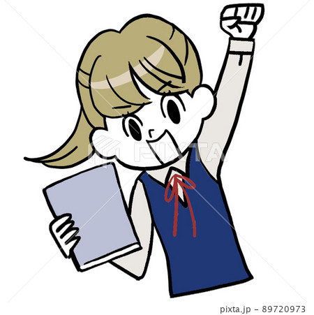 拳を挙げてテキストを持つ女子中学生 89720973