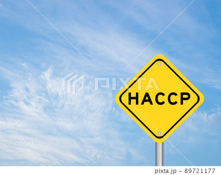 Yellow transportation sign with word HACCP (Hazard Analysis Critical Control Points) on blue color sky background 89721177