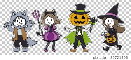 Full-body illustration set of Halloween costumes (werewolf, devil, pumpkin man, witch) 89721596