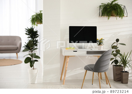 Modern workplace in room decorated with green potted plants. Home design Modern workplace in room decorated with green potted plants. Home design 89723214