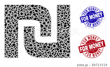Israeli Shekel Symbol Mosaic of Debris with For Money Grunge Stamps Israeli Shekel Symbol Mosaic of Debris with For Money Grunge Stamps 89723319