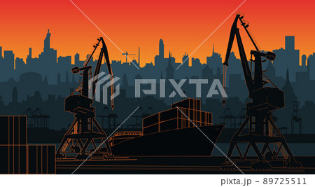 Silhouette commercial port with container ship at the pier and cargo cranes, city skyline on background with sunset. Cityscape and cargo port with cranes. Layers for parallax. Silhouette commercial port with container ship at the pier and cargo cranes, city skyline on background with sunset. Cityscape and cargo port with cranes. Layers for parallax. 89725511