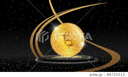 Detailed golden coins Bitcoin in front view on pedestal with sequins on black background. BTC symbol of modern digital gold and money. Header or banner. Detailed golden coins Bitcoin in front view on pedestal with sequins on black background. BTC symbol of modern digital gold and money. Header or banner. 89725513