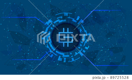 Stepn GMT token symbol in digital circle with futuristic cryptocurrency theme on blue background. Cryptocurrency coin icon for banner or news. 89725528
