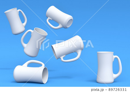Set of white glasses of fresh draft beer on a blue monochrome background. 89726331