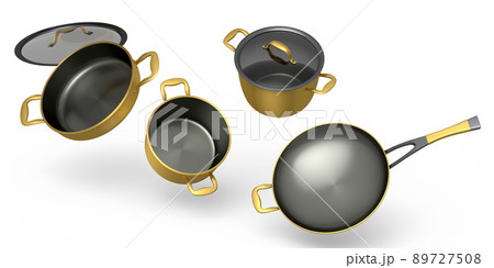 Set of flying stewpot, frying pan and chrome plated cookware on white background 89727508