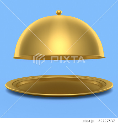 Gold tray with cloche ready to serve isolated on blue background 89727537