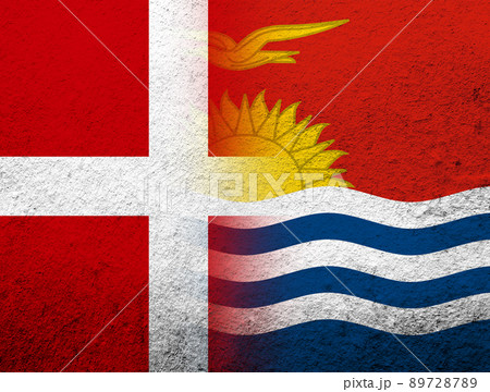 the Kingdom of Denmark National flag with The Republic of Kiribati National flag. Grunge Background 89728789