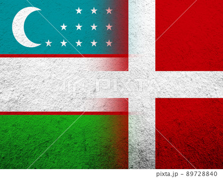 the Kingdom of Denmark National flag with The Republic of Uzbekistan National flag. Grunge Background the Kingdom of Denmark National flag with The Republic of Uzbekistan National flag. Grunge Background 89728840