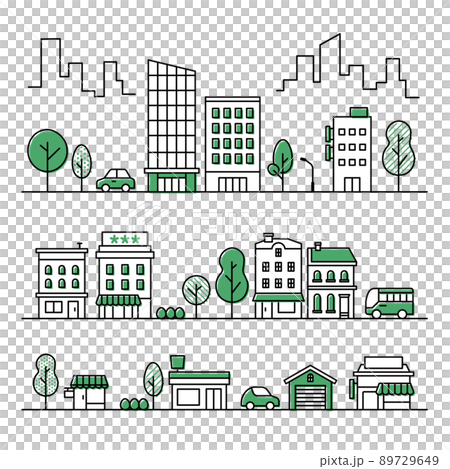 為市區街道設置的背景圖標,如建築物、路邊樹、汽車和公共汽車 為市區街道設置的背景圖標,如建築物、路邊樹、汽車和公共汽車 89729649