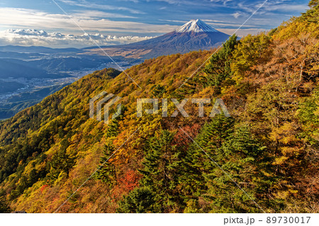 三ツ峠の紅葉と冠雪の富士山 三ツ峠の紅葉と冠雪の富士山 89730017