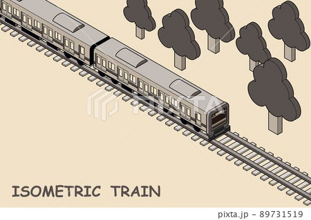 線路の上を走る電車のシンプルな線形アイソメトリックスタイルのイラスト のイラスト素材