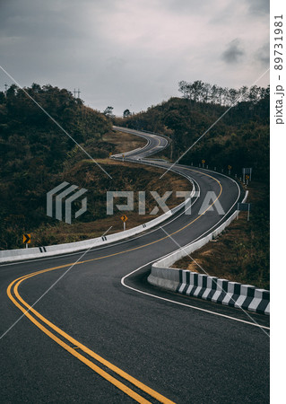 Aerial view of Curvy road number 3 in the mountain of Pua district, Nan province, Thailand 89731981