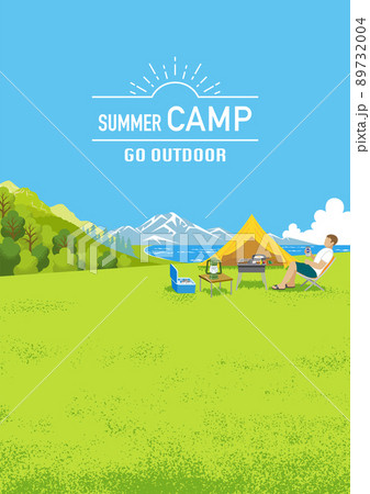 夏キャンプを楽しむ男性 - 縦構図　A4比率　文字付き 89732004